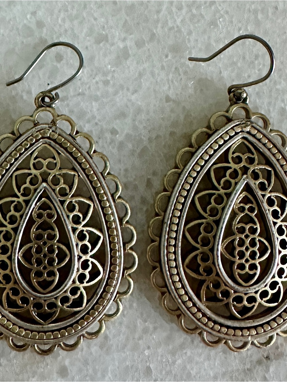 Lucky Two Tone Filigree Teardrop Dangle Earrings